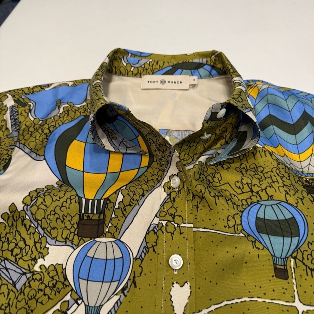 Tory Burch Green and Blue Hot Air Balloon Print Silk Twill Blouse Size 8 EUC - Picture 11 of 15